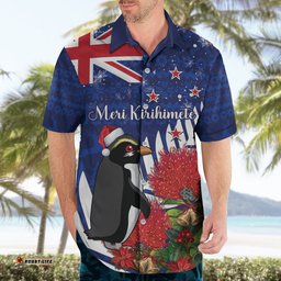 New Zealand Christmas In July Hawaiian Shirt Fiordland Penguin With Pohutukawa Flower