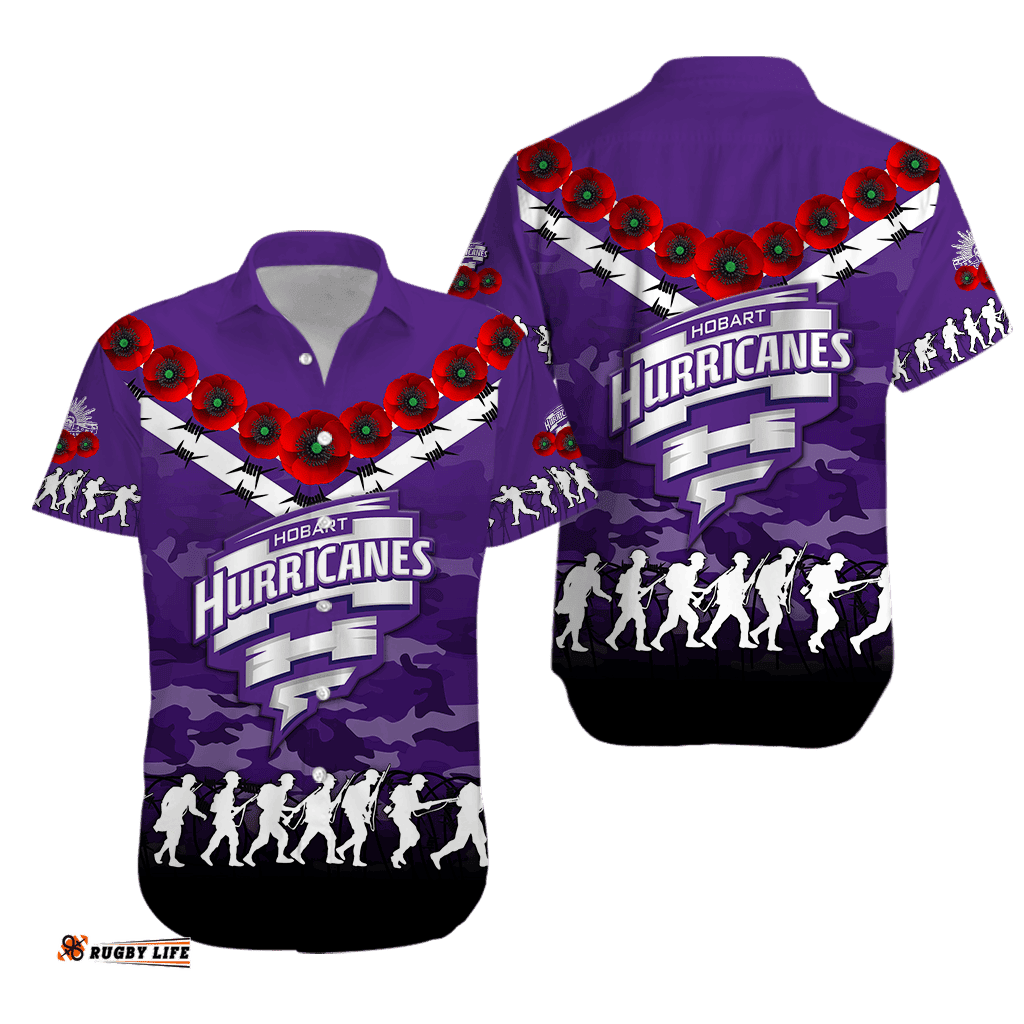 Hobart Hurricanes ANZAC Hawaiian Shirt Camouflage With Poppy