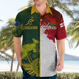 Personalised Australia And England Rugby Hawaiian Shirt Indigenous Wallabies With Red Roses Sporty Version