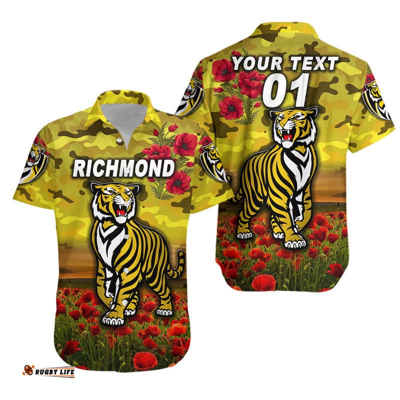 Custom Personalised Richmond Tigers ANZAC Hawaiian Shirt Poppy Vibes Yellow