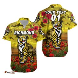 Custom Personalised Richmond Tigers ANZAC Hawaiian Shirt Poppy Vibes Yellow