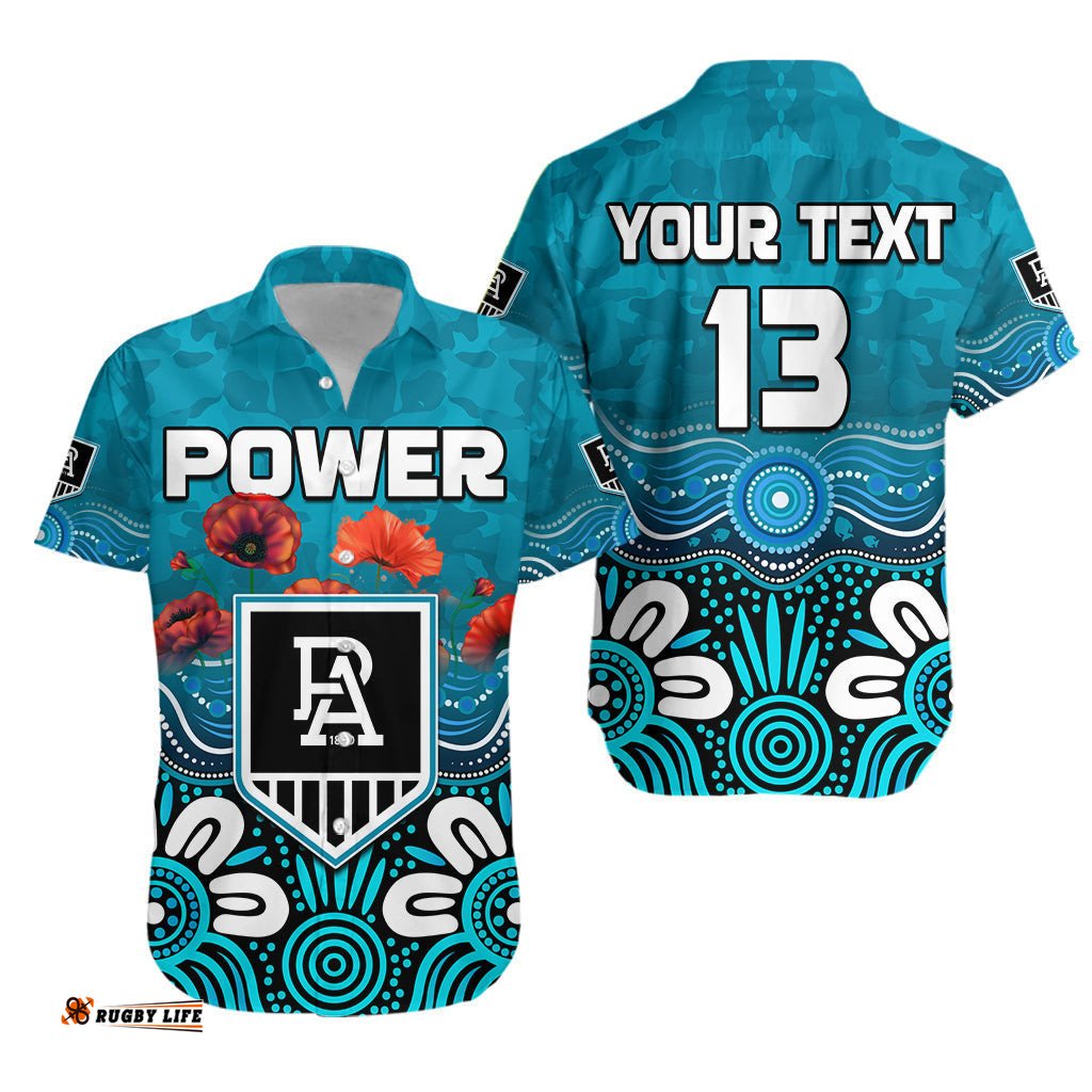 Custom Text and Number Power ANZAC Hawaiian Shirt Port Adelaide Aboriginal Remember Them