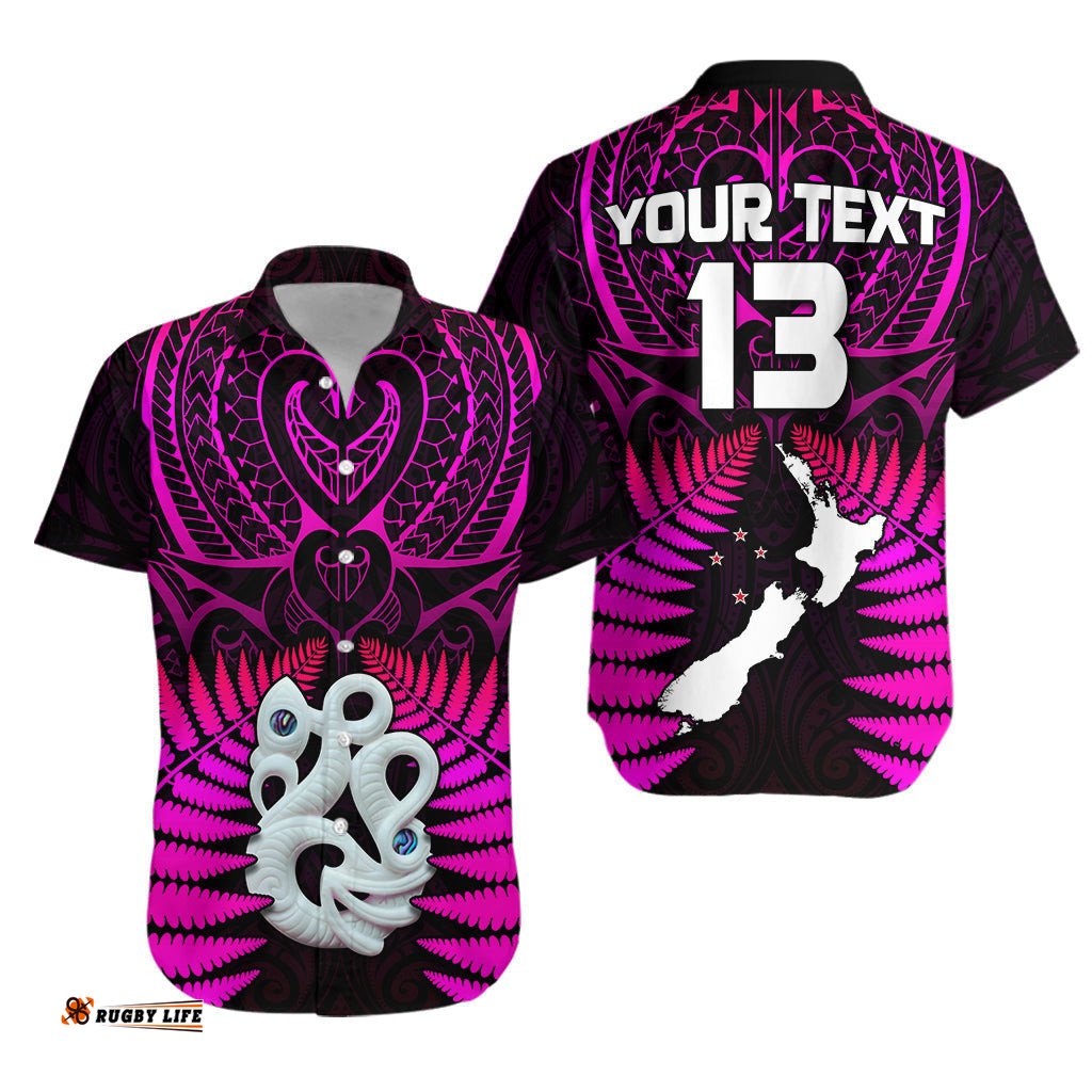 Custom Text and Number Aotearoa Fern Hawaiian Shirt New Zealand Hei Tiki Purple Style