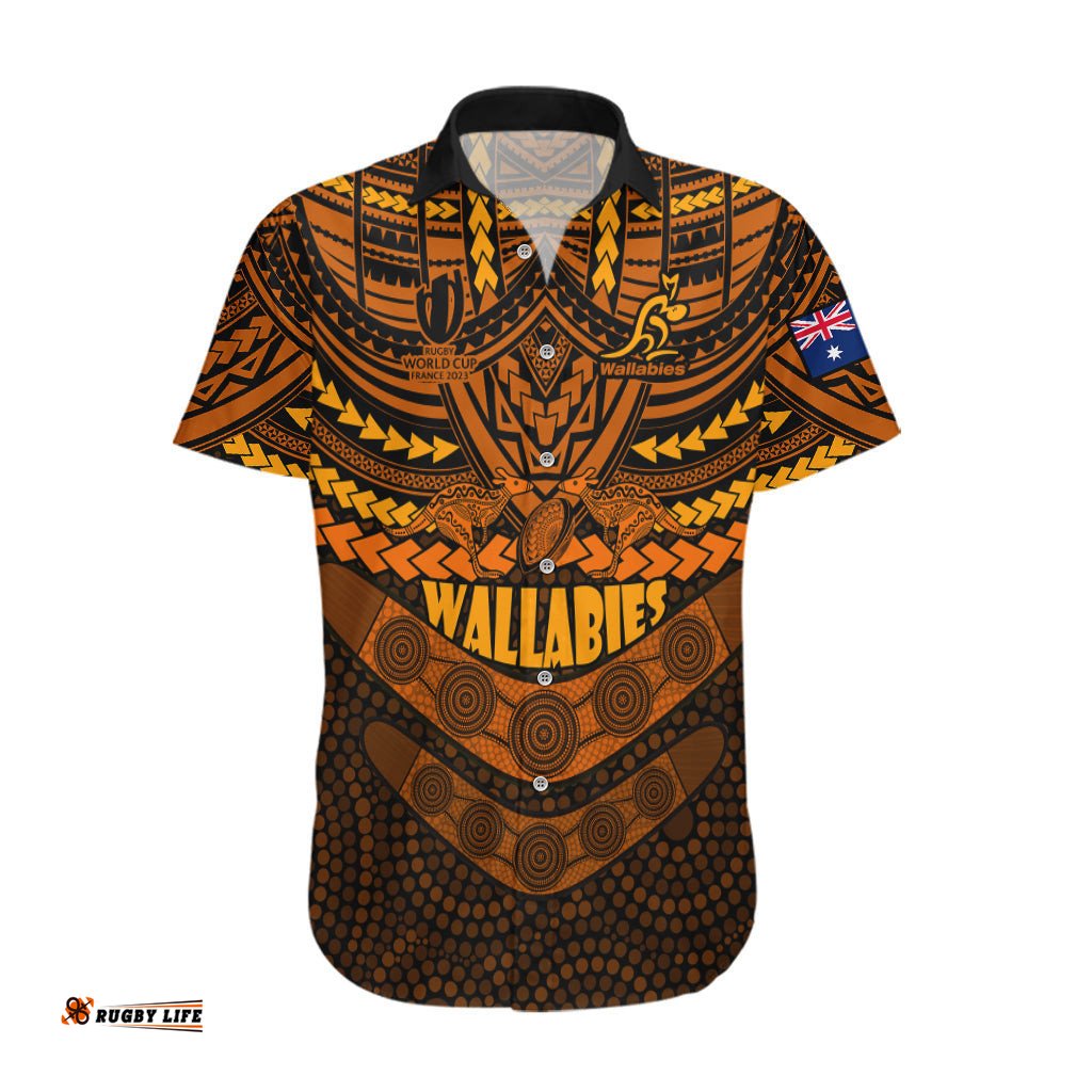 Custom Wallabies Rugby Hawaiian Shirt Polynesian and Aboriginal Special Orange Version