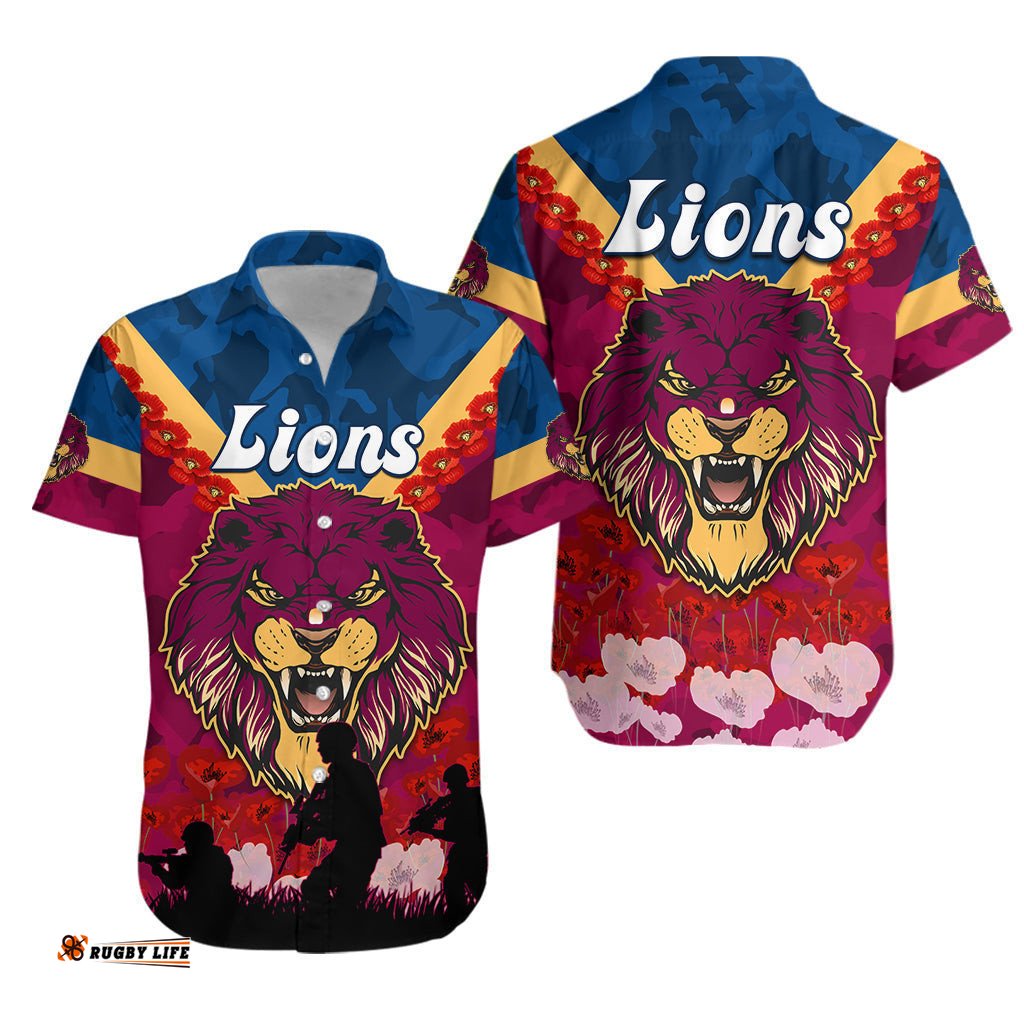 Lions ANZAC Hawaiian Shirt Brisbane Brissie Poppy Flowers