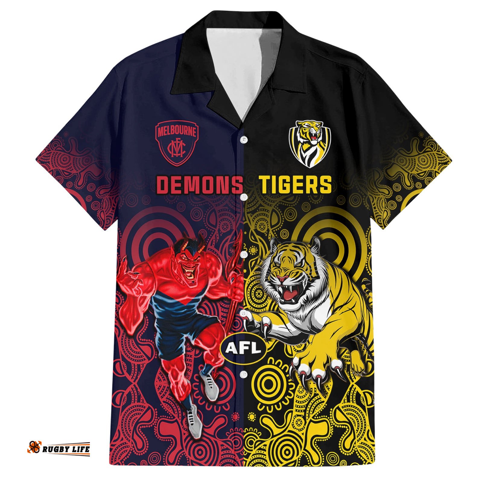 Custom Demons And Tigers Football Hawaiian Shirt Together Indigenous Art