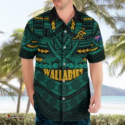 Custom Wallabies Rugby Hawaiian Shirt Polynesian and Aboriginal Special Green Version