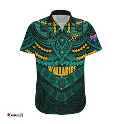 Custom Wallabies Rugby Hawaiian Shirt Polynesian and Aboriginal Special Green Version