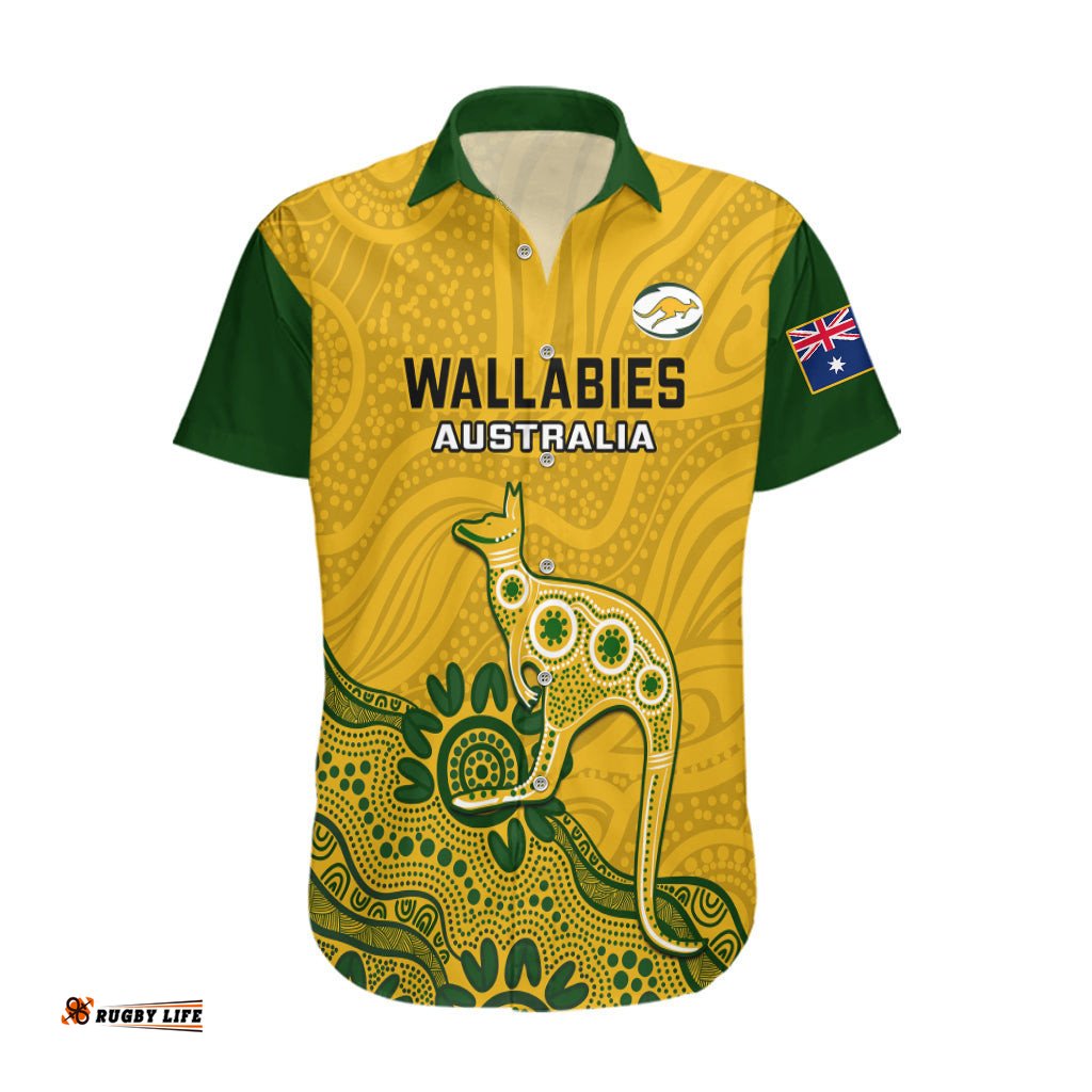 Custom Australia Rugby Hawaiian Shirt Wallabies Kangaroo Indigenous Art