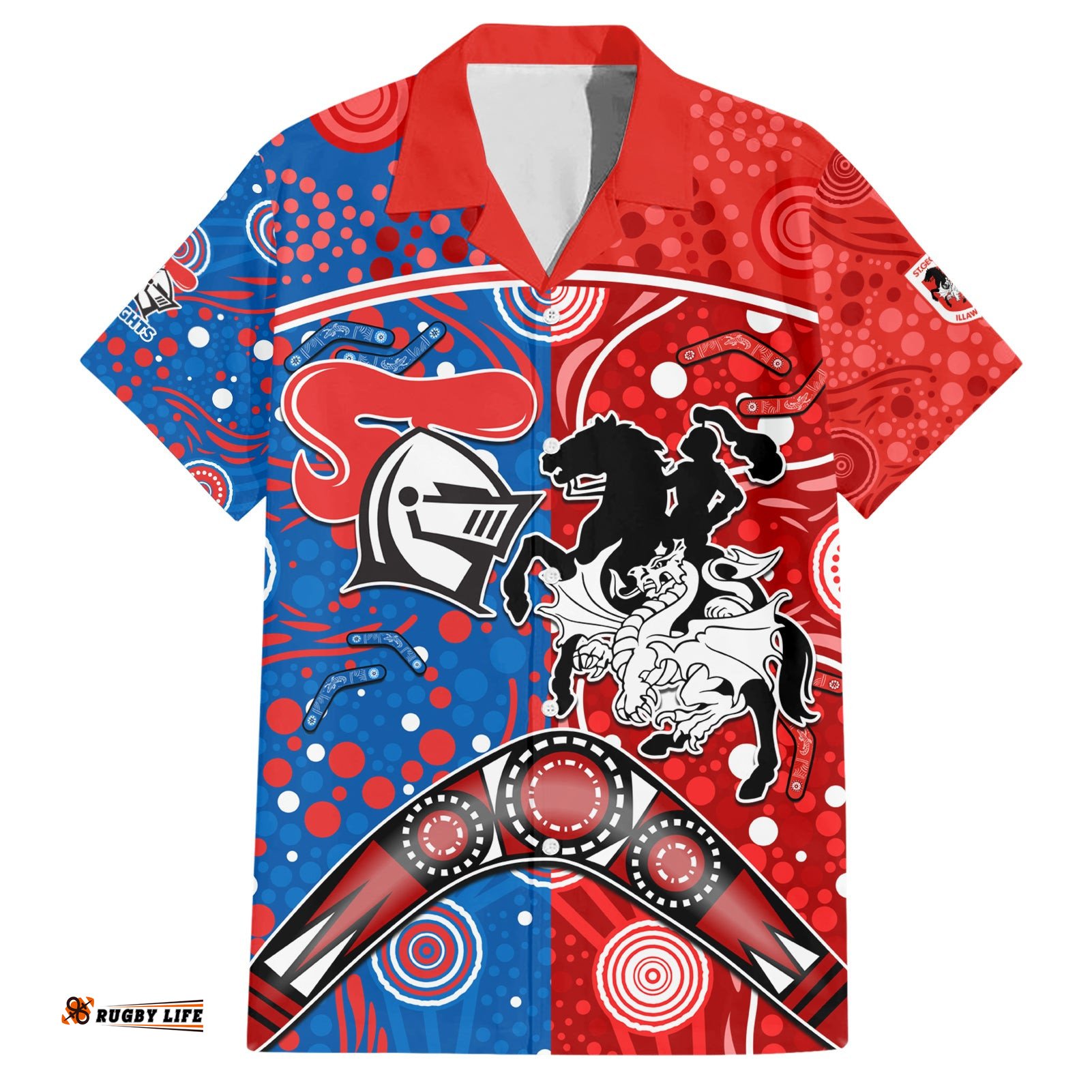 NRL Knights and Dragons Together Hawaiian Shirt Boomerang Indigenous Dots