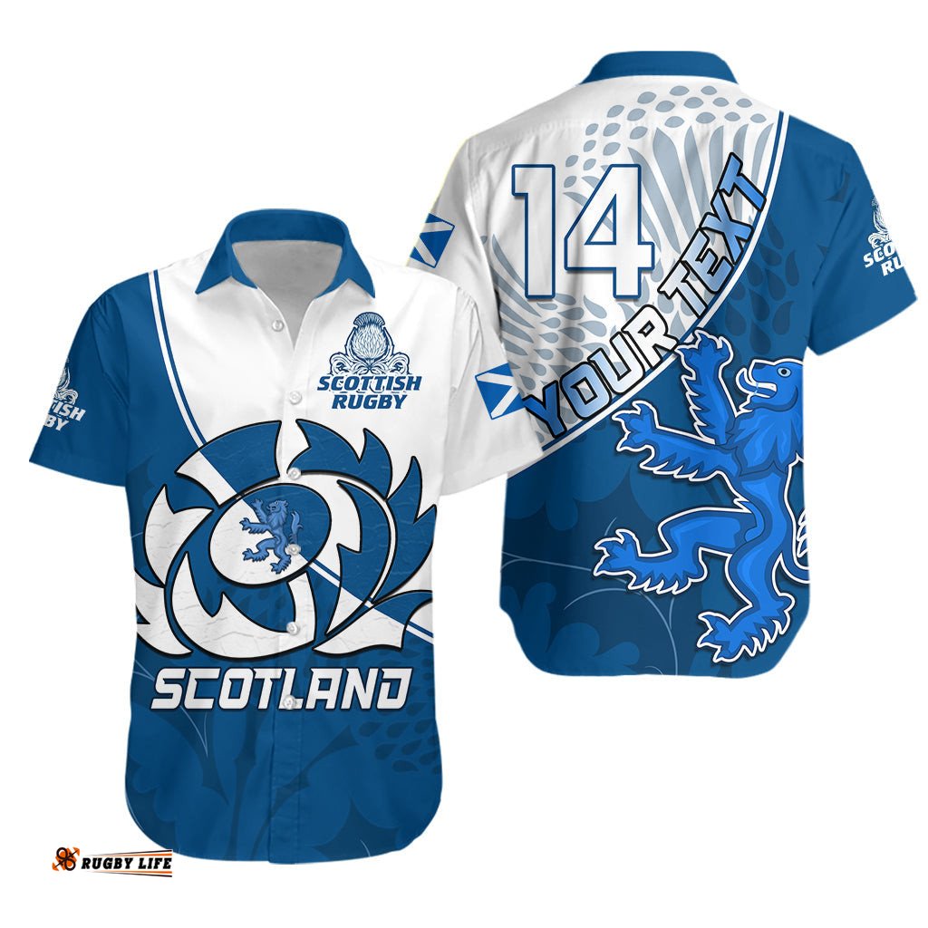 Custom Text and Number Scotland Rugby Hawaiian Shirt Scottish Coat Of Arms Mix Thistle Newest Version