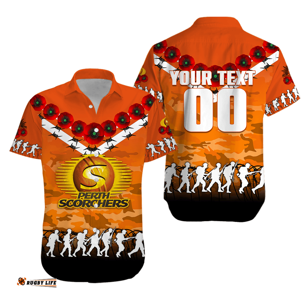 Custom Personalised Perth Scorchers ANZAC Hawaiian Shirt Camouflage With Poppy