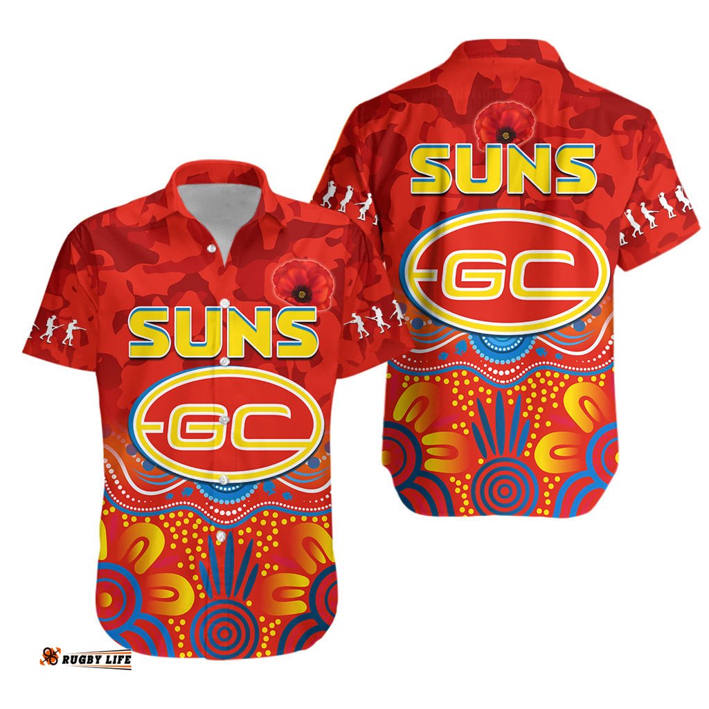Suns ANZAC Hawaiian Shirt Gold Coast Aboriginal Poppy