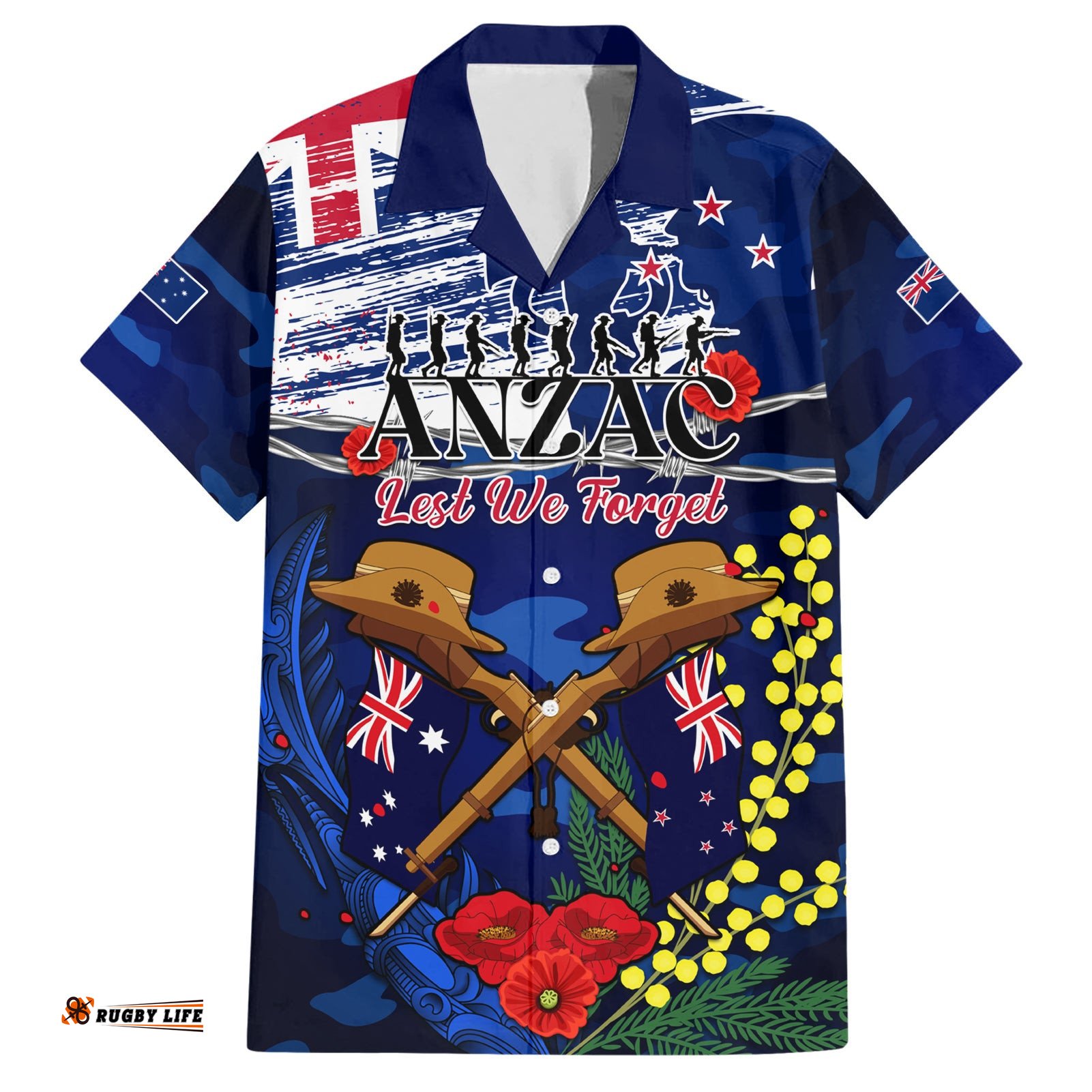 Australia And New Zealand ANZAC Day Hawaiian Shirt Lest We Forget Silver Fern With Golden Wattle