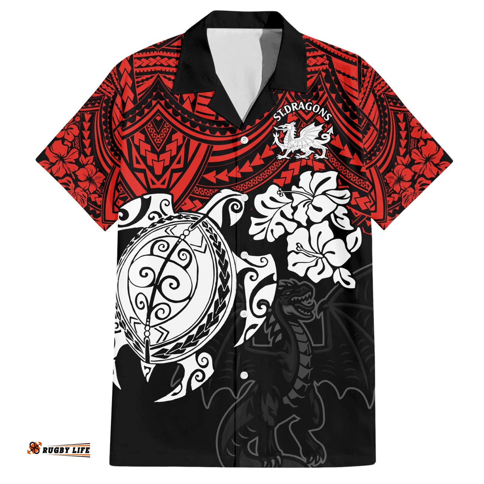 Custom Dragons Rugby Hawaiian Shirt Red V Hibiscus and Turtle With Polynesian Pattern