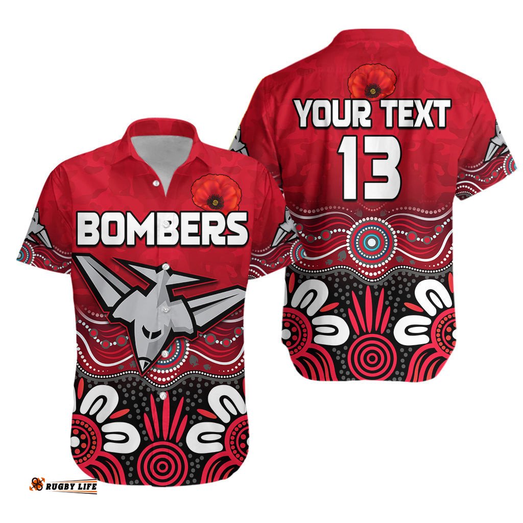 Custom Text and Number Bombers ANZAC Hawaiian Shirt Essendon Football Aboriginal Remember Them