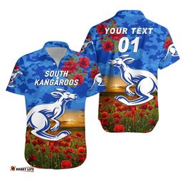 Custom Personalised South Alice Football Club Kangaroos ANZAC Hawaiian Shirt Poppy Vibes