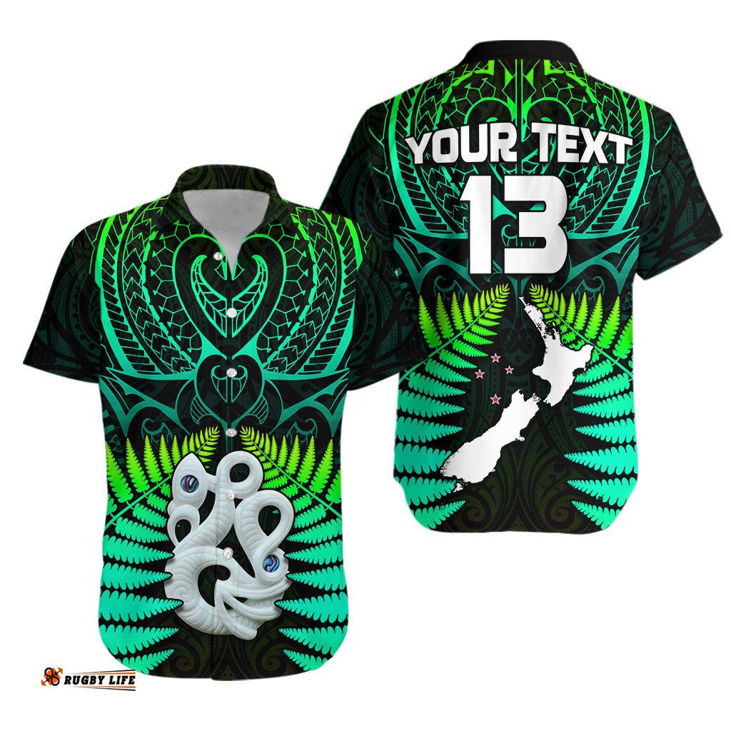 Custom Text and Number Aotearoa Fern Hawaiian Shirt New Zealand Hei Tiki Green Style