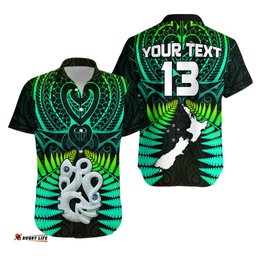Custom Text and Number Aotearoa Fern Hawaiian Shirt New Zealand Hei Tiki Green Style