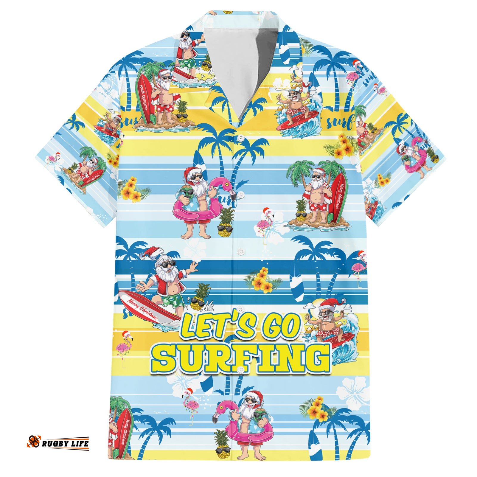 Surfing Christmas Hawaiian Shirt Tropical Santa Let's Go Surfing
