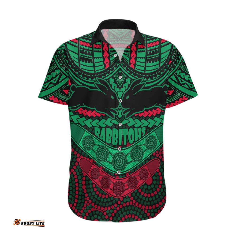 Custom Rabbitohs Rugby Hawaiian Shirt Polynesian and Aboriginal Special Version