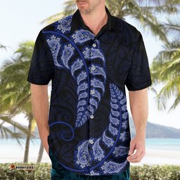 Blue New Zealand Paisley Silver Fern Hawaiian Shirt Aotearoa Maori