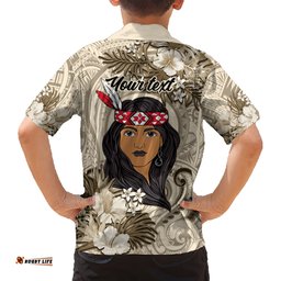 Personalized New Zealand Women's Day Hawaiian Shirt Maori Girl Feathers of Hope Beige