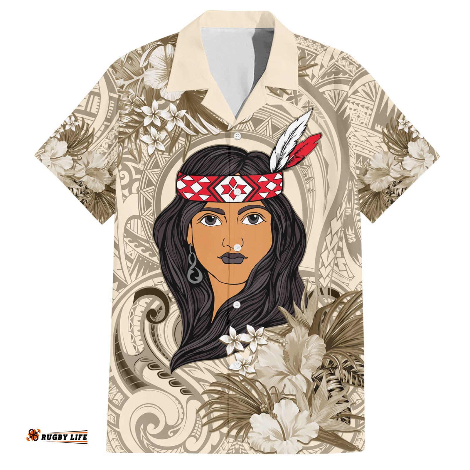 Personalized New Zealand Women's Day Hawaiian Shirt Maori Girl Feathers of Hope Beige