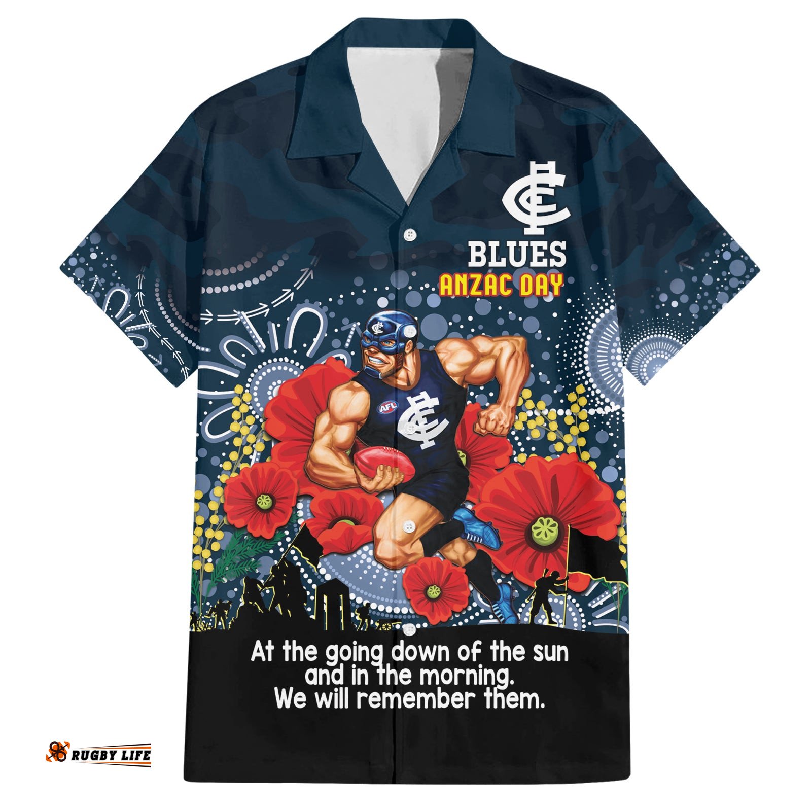 Custom Blues Football ANZAC Hawaiian Shirt Gallipoli Camouflage With Poppies