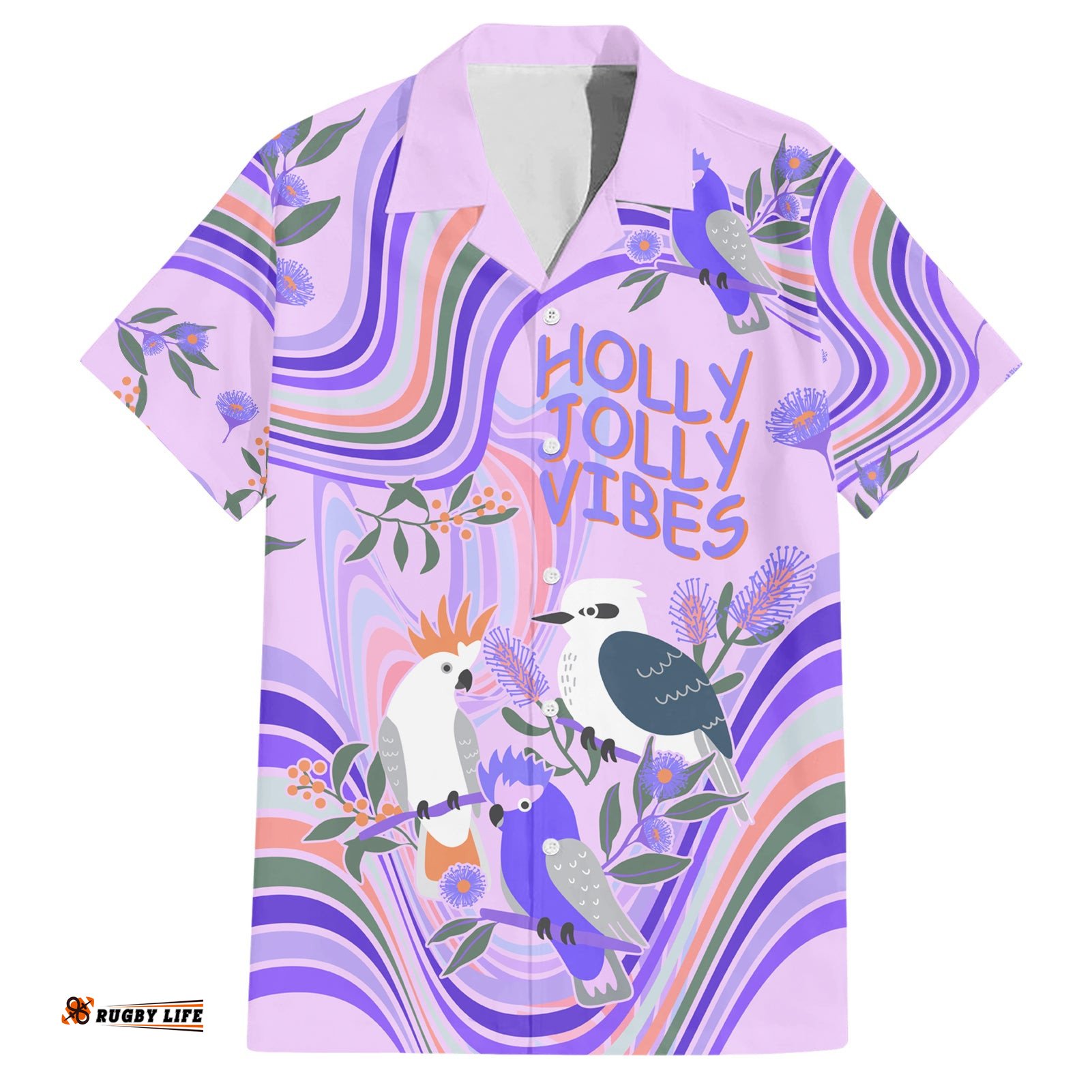 Australia Hippie Christmas Hawaiian Shirt Cockatoo Kookaburra with Wattle Violet Pastel Color