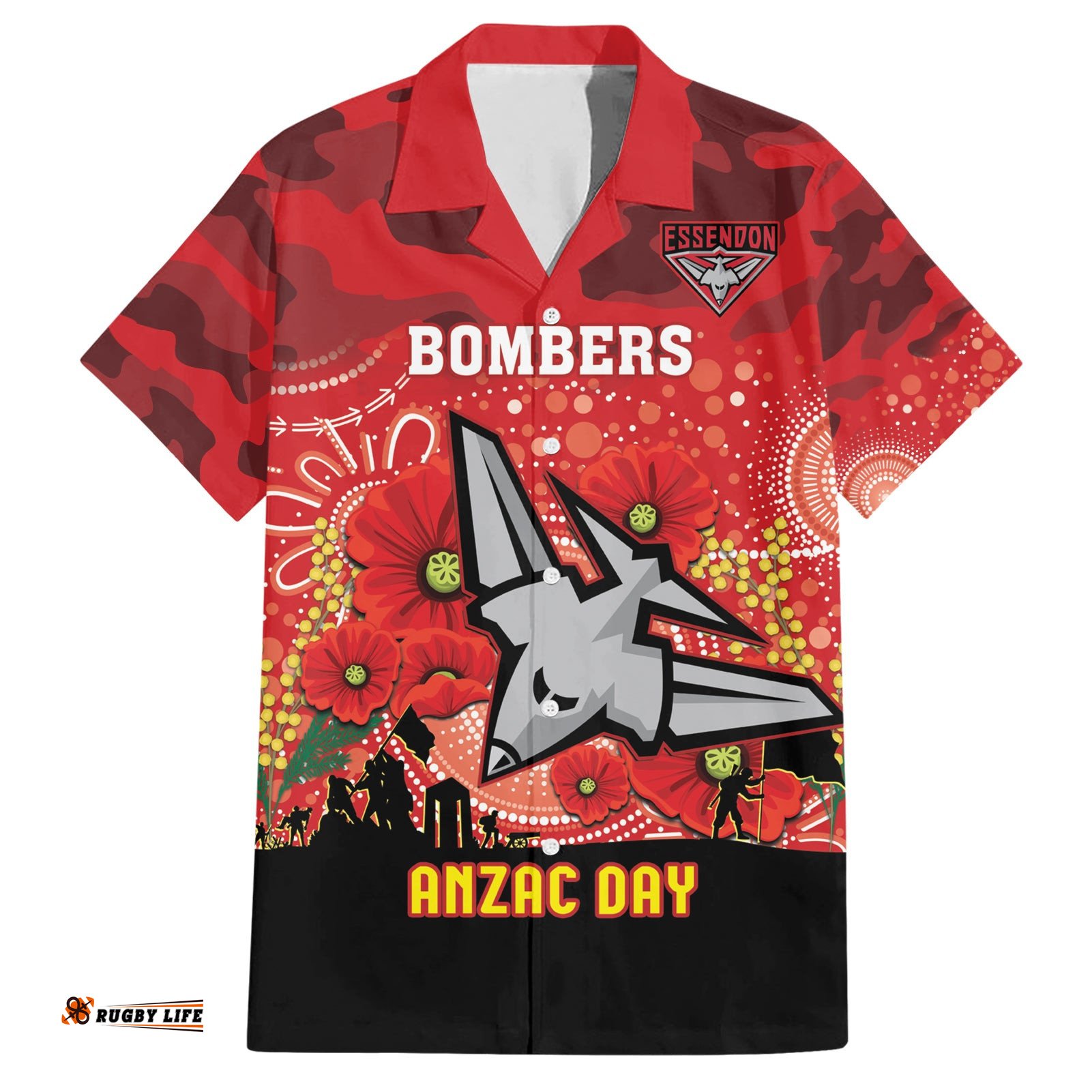 Custom Essendon Football ANZAC Hawaiian Shirt Gallipoli Camouflage With Poppies
