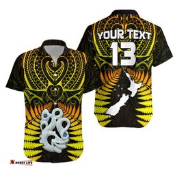 Custom Text and Number Aotearoa Fern Hawaiian Shirt New Zealand Hei Tiki Gold Style