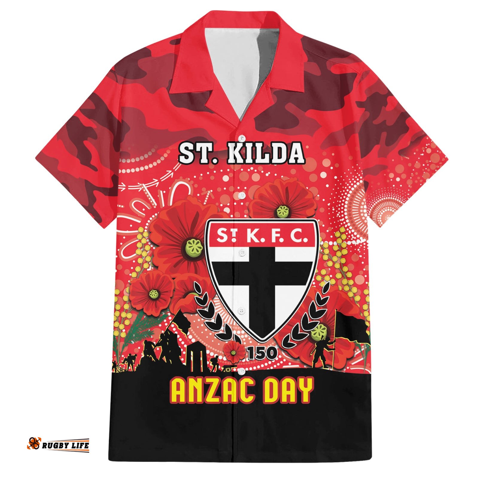 Custom St Kilda Football ANZAC Hawaiian Shirt Gallipoli Camouflage With Poppies