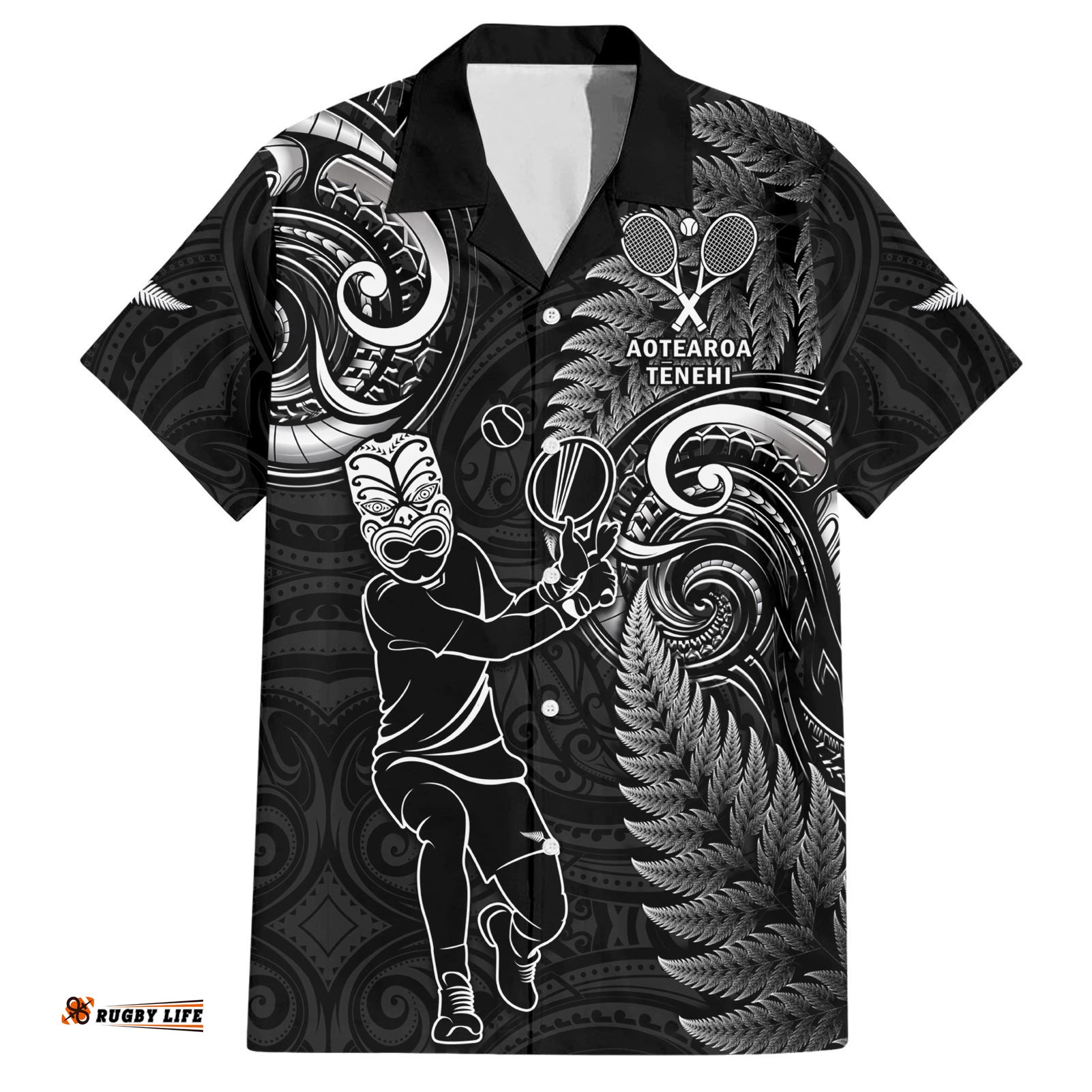 New Zealand Tiki Tennis Hawaiian Shirt 2024 Aotearoa Tenehi Maori Silver Fern Black