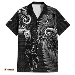 New Zealand Tiki Tennis Hawaiian Shirt 2024 Aotearoa Tenehi Maori Silver Fern Black
