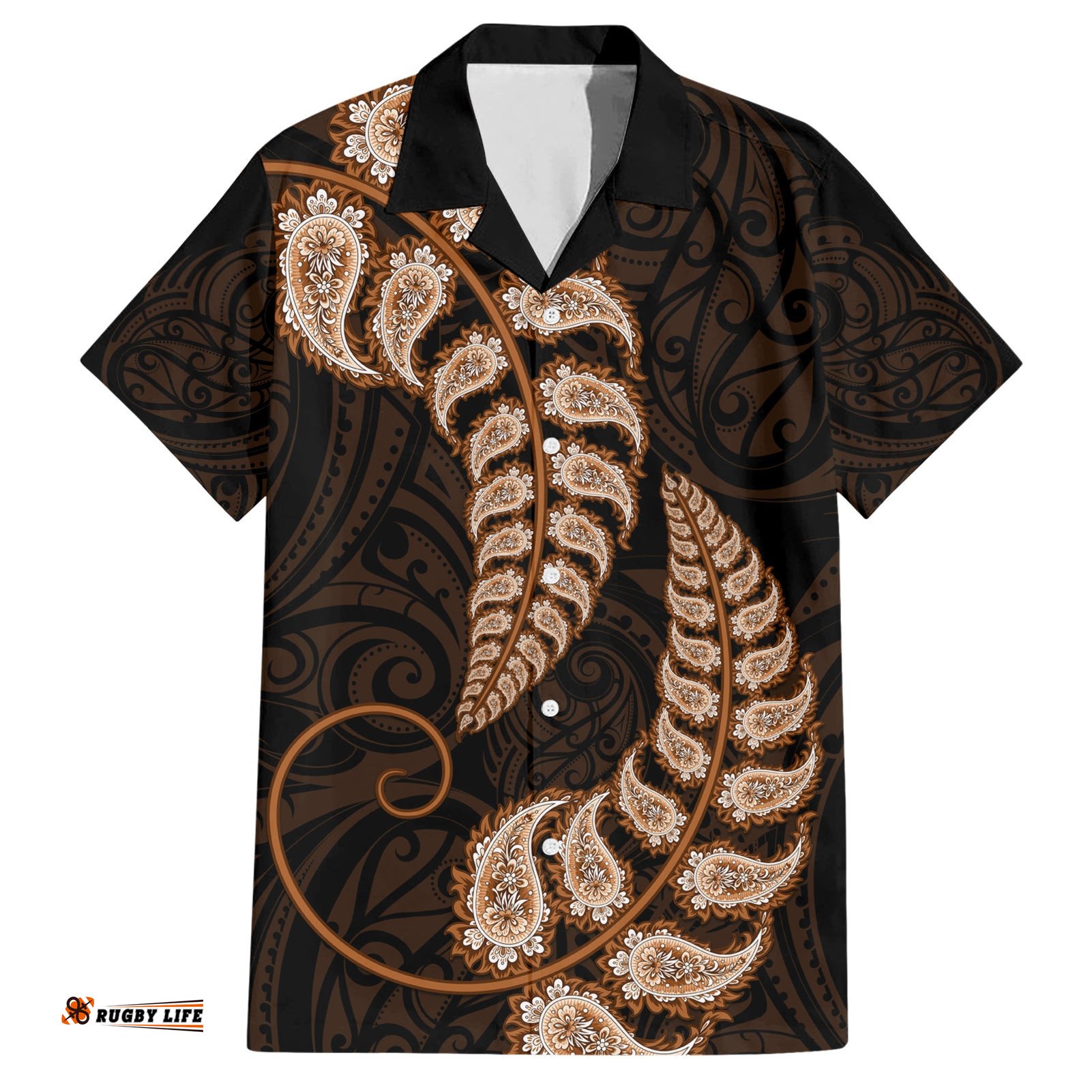 Brown New Zealand Paisley Silver Fern Hawaiian Shirt Aotearoa Maori