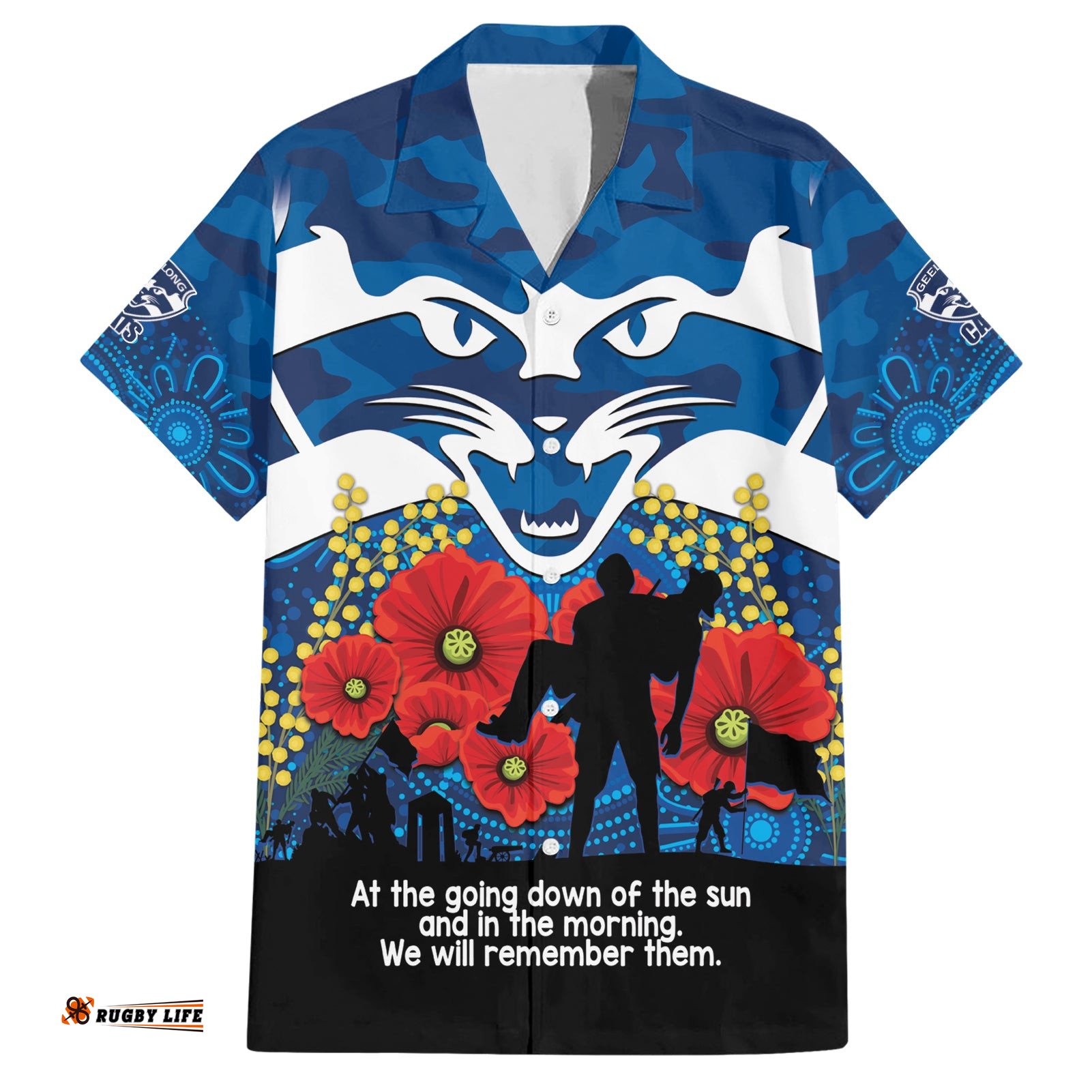 Custom Geelong Football ANZAC Hawaiian Shirt Gallipoli Camouflage With Poppies