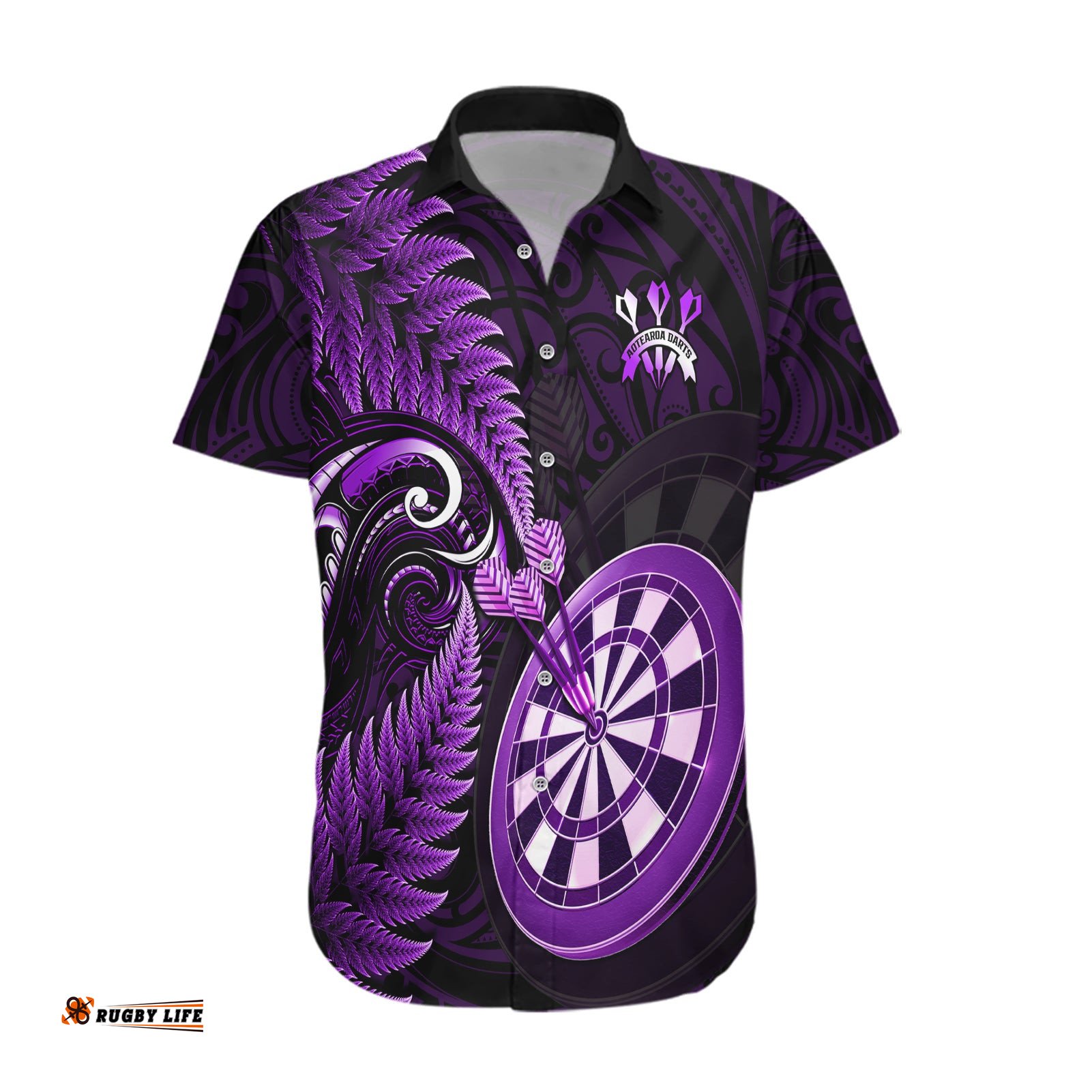 Personalised New Zealand Darts Hawaiian Shirt Happiness Is A Tight Threesome Maori Purple