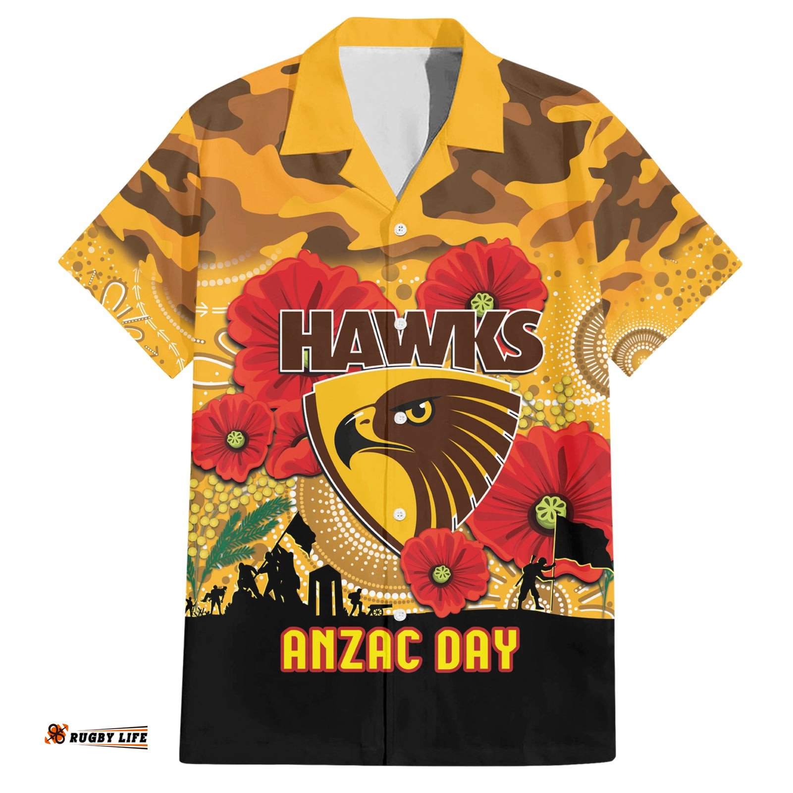 Custom Hawks Football ANZAC Hawaiian Shirt Gallipoli Camouflage With Poppies