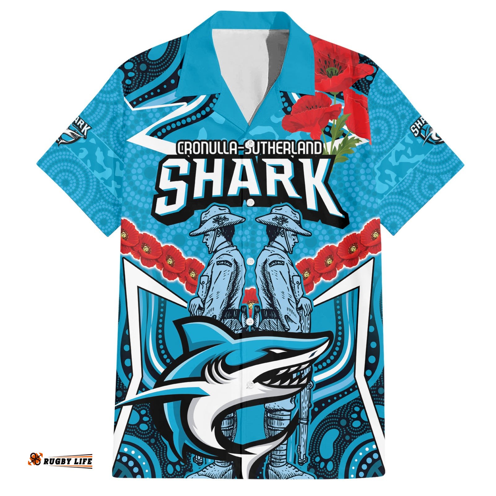 Custom Sharks Rugby ANZAC Hawaiian Shirt Gallipoli Soldier With Aboriginal Art