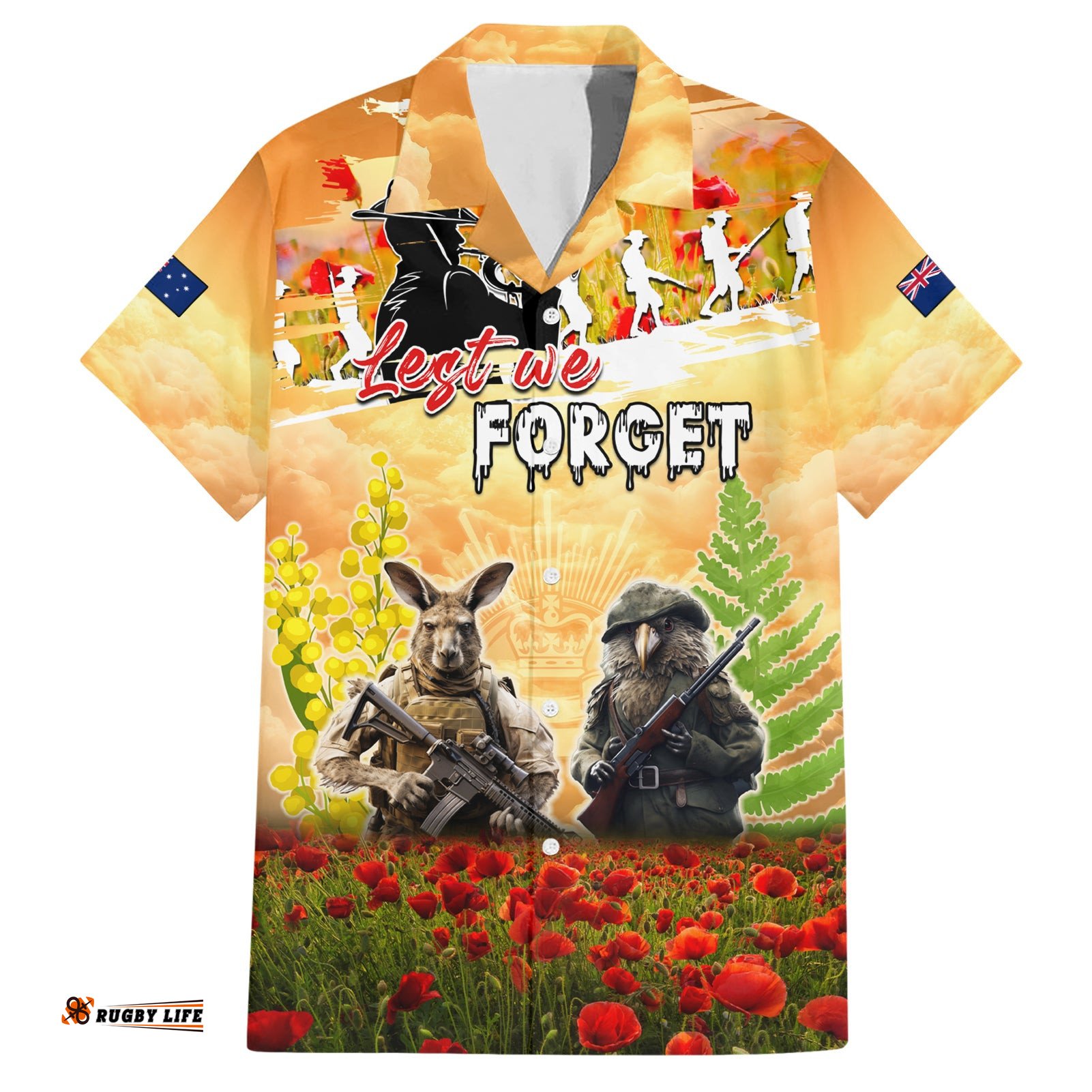 Australia And New Zealand ANZAC Day Hawaiian Shirt Kangaroo And Kiwi Bird Soldiers Lest We Forget