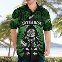 New Zealand Aotearoa Rugby Hawaiian Shirt NZ Tiki With Maori Fern World Cup Green Version
