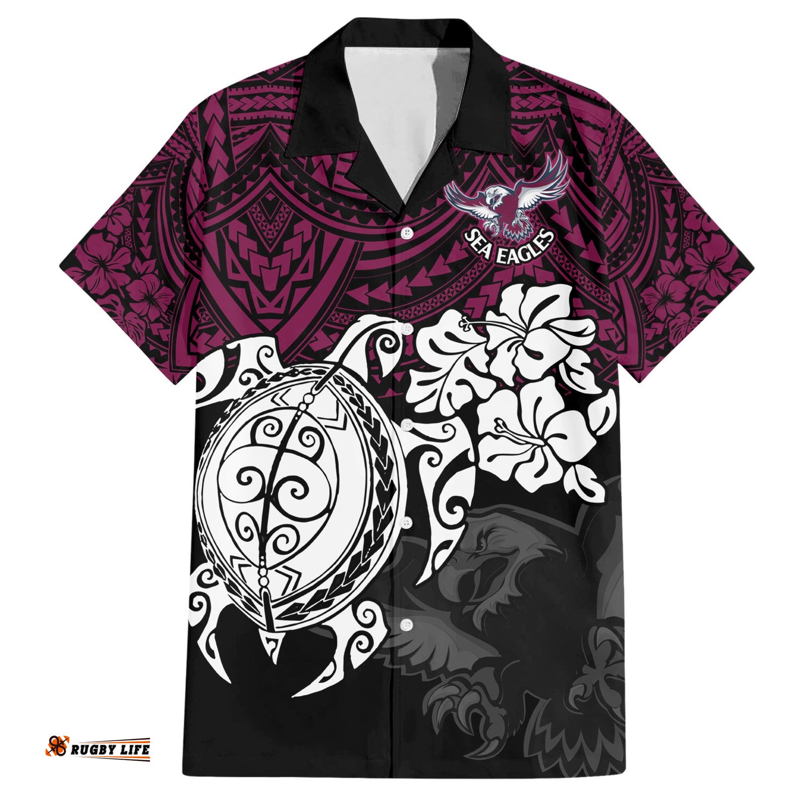 Custom Sea Eagles Rugby Hawaiian Shirt Silvertails Hibiscus and Turtle With Polynesian Pattern