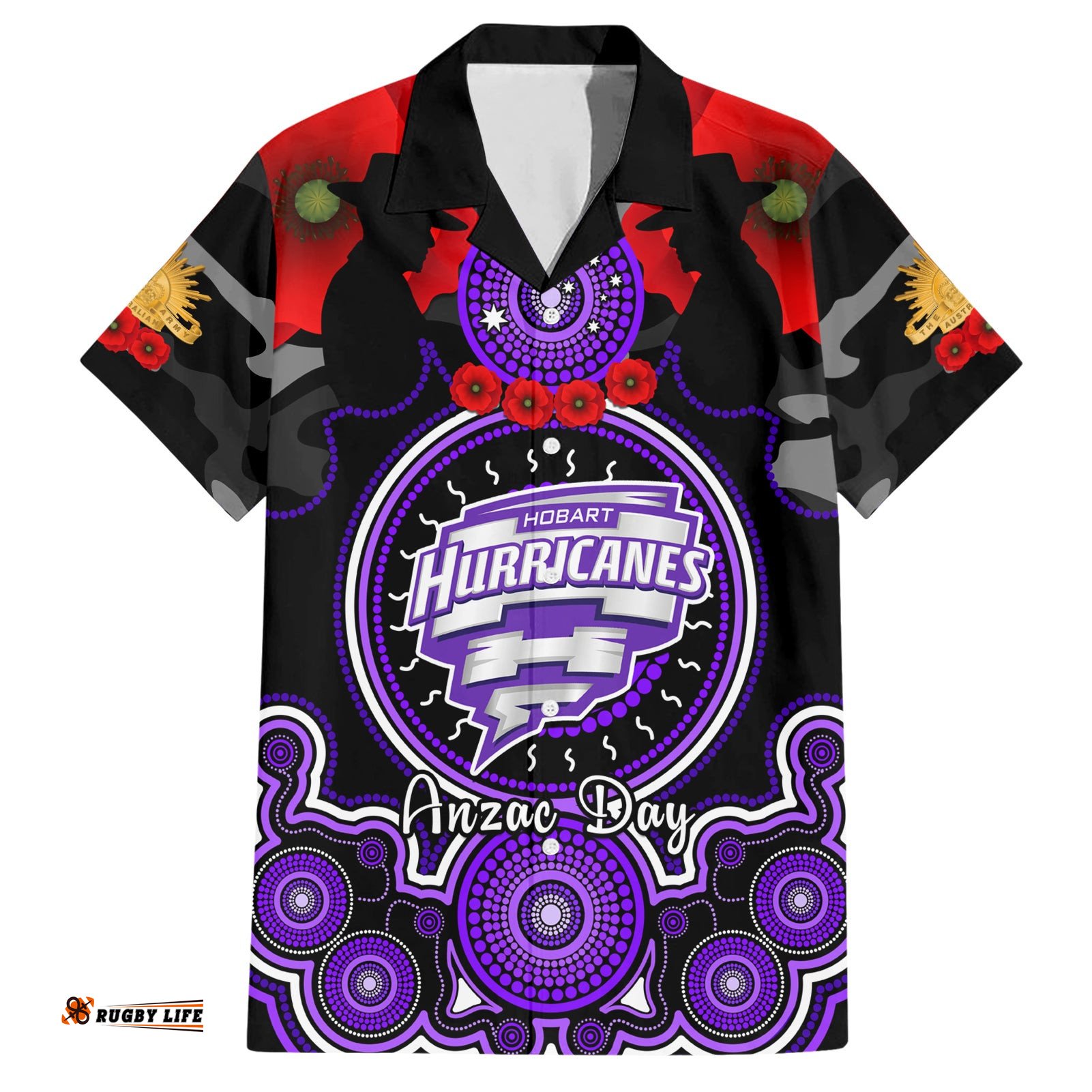 Hobart Hurricanes ANZAC 2024 Hawaiian Shirt Lest We Forget Poppy Mix Camouflage