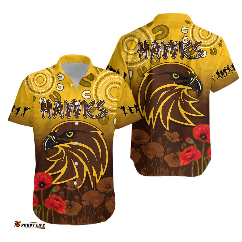 Hawks ANZAC Hawaiian Shirt Hawthorn Football Aboriginal Poppy