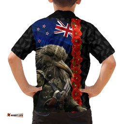 New Zealand Kiwi Soldier ANZAC Hawaiian Shirt Red Poppy Flower and Silver Fern Pattern