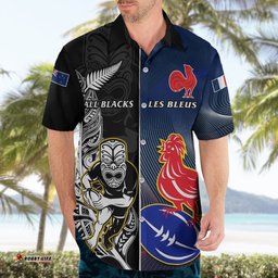 New Zealand And France Rugby Hawaiian Shirt All Black With Les Bleus Together World Cup
