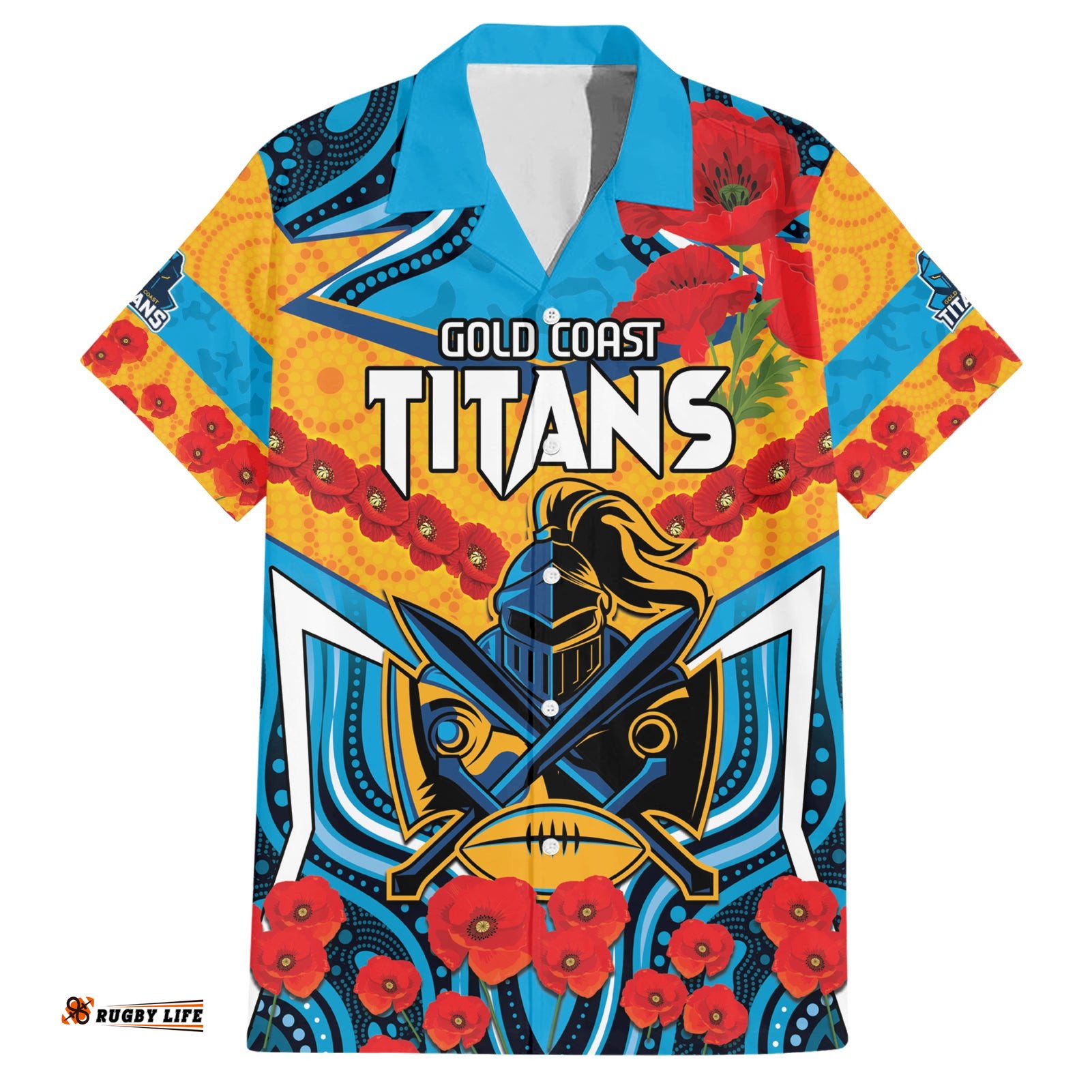 Custom GLD Titans Rugby ANZAC Hawaiian Shirt Gallipoli Soldier With Aboriginal Art