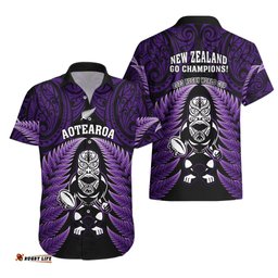 New Zealand Aotearoa Rugby Hawaiian Shirt NZ Tiki With Maori Fern World Cup Purple Version