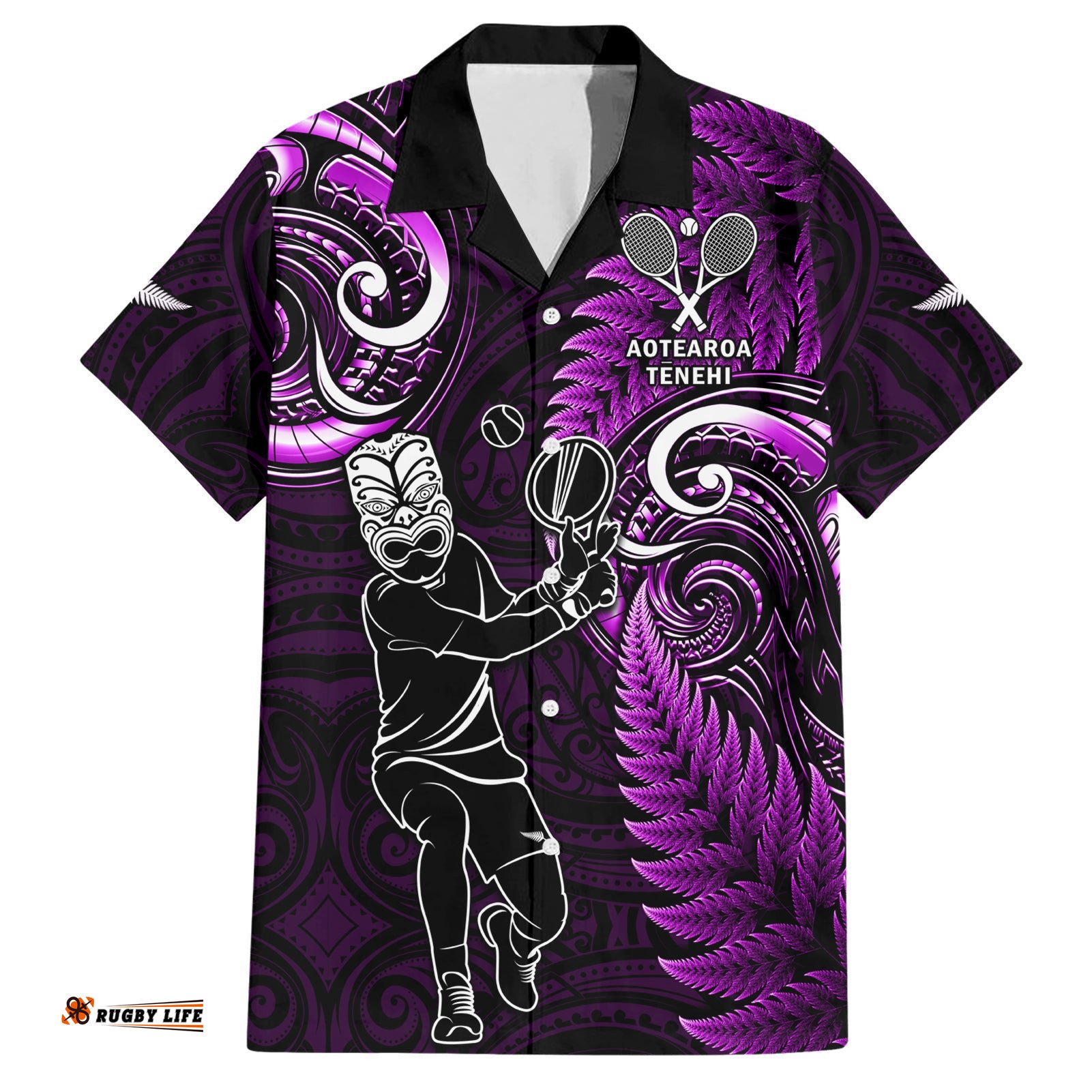 Custom New Zealand Tiki Tennis Hawaiian Shirt 2024 Aotearoa Tenehi Maori Silver Fern Purple